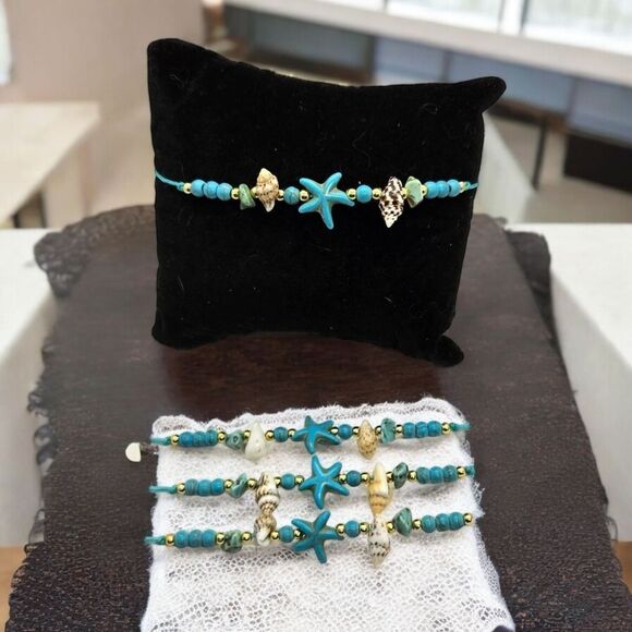 Turquoise Starfish Shell Beaded String Charm Bracelet Adjustable Summer Beach - Picture 3 of 3